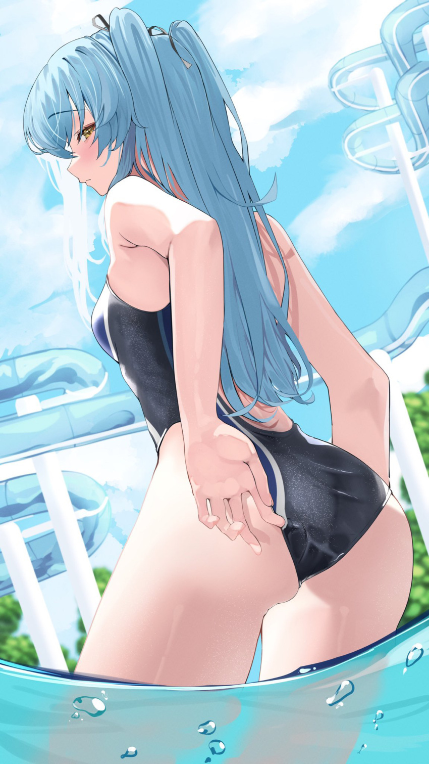 1girl adjusting_clothes adjusting_swimsuit alternate_costume ao_no_kiseki ass backless_swimsuit black_one-piece_swimsuit black_ribbon blue_hair blue_sky blush breasts closed_mouth cloud cloudy_sky commentary competition_school_swimsuit competition_swimsuit cowboy_shot day eiyuu_densetsu from_behind from_below hair_ribbon hand_under_clothes hand_under_swimsuit highres light_blue_hair long_hair looking_at_viewer one-piece_swimsuit oreazu outdoors ribbon school_swimsuit sky small_breasts solo standing swimsuit thighs tio_plato two_side_up wading water waterpark yellow_eyes zero_no_kiseki