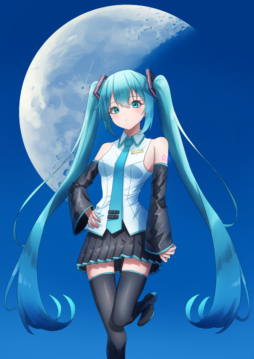 1girl absurdres amaama_(beccyonaika1) aqua_eyes aqua_hair aqua_necktie bangs bare_shoulders black_footwear black_skirt black_sleeves closed_mouth collared_shirt commentary detached_sleeves gibbous_moon hair_between_eyes hair_ornament hand_on_hip hatsune_miku highres leg_up long_hair looking_at_viewer moon necktie number_tattoo shirt skirt sky sleeveless sleeveless_shirt sleeves_past_wrists solo standing standing_on_one_leg tareme tattoo thighhighs twintails vocaloid white_shirt zettai_ryouiki