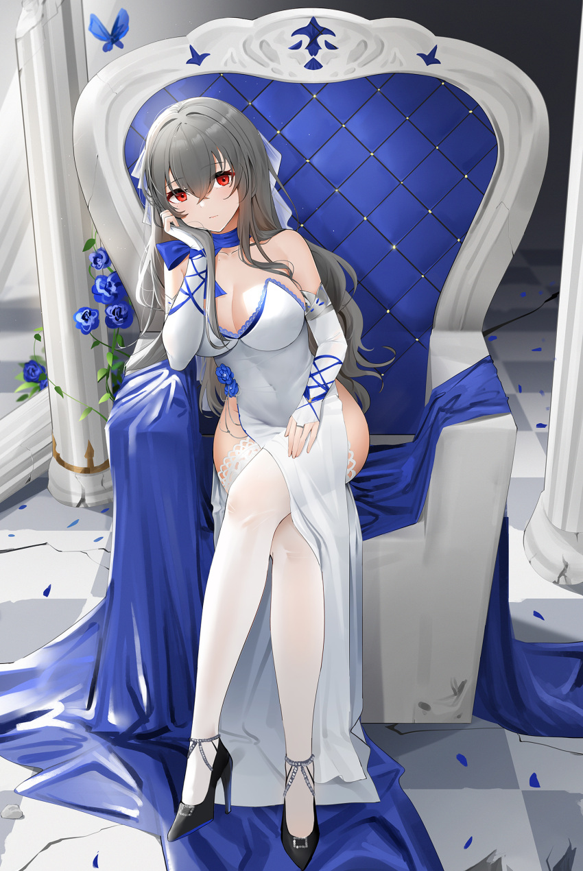 1girl azur_lane blue_flower blue_rose breasts bridal_gauntlets checkered_floor covered_navel crossed_legs dress elbow_rest flower full_body grey_hair high_heels highres large_breasts mole mole_under_eye official_alternate_costume qing_wu red_eyes rose saint-louis_(azur_lane) saint-louis_(holy_knight's_resplendence)_(azur_lane) side_slit sitting solo taut_clothes taut_dress thighhighs throne veil white_dress white_thighhighs
