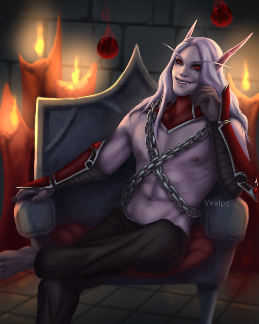 1boy blood_elf_(warcraft) chain colored_skin elf glowing glowing_eyes highres kael'thas_sunstrider long_hair long_pointy_ears male_focus pointy_ears red_eyes warcraft white_hair world_of_warcraft