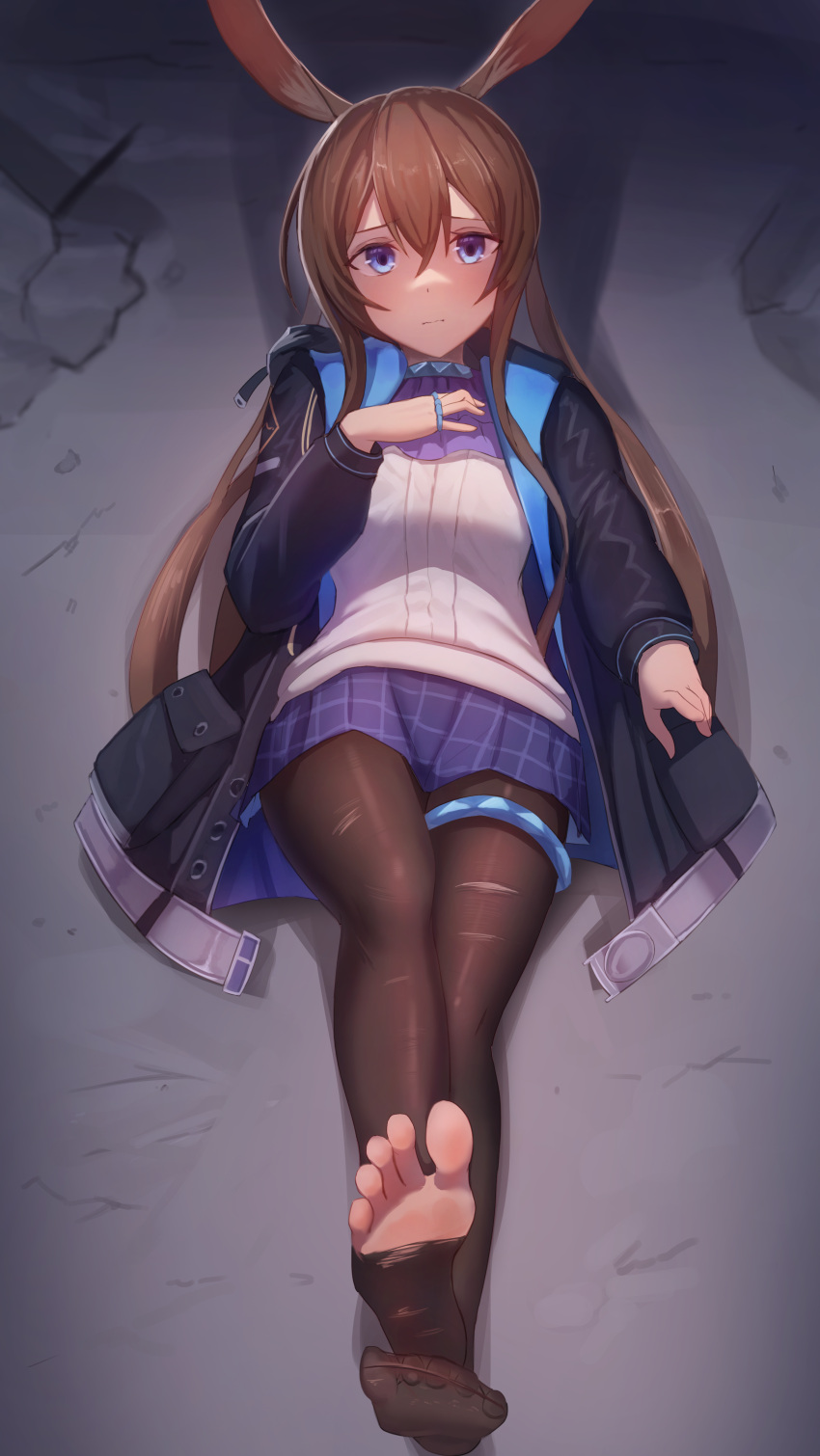 1girl absurdres amiya_(arknights) animal_ear_fluff animal_ears arknights ascot bangs belt black_coat blue_skirt blush brown_hair brown_pantyhose closed_mouth coat full_body hand_on_own_chest highres jewelry long_hair long_sleeves looking_at_viewer lying miniskirt multiple_rings no_shoes on_back on_ground open_belt open_clothes open_coat pantyhose purple_ascot rabbit_ears ring shirt skirt solo taichi_suzuki thighlet toes torn_pantyhose very_long_hair white_shirt