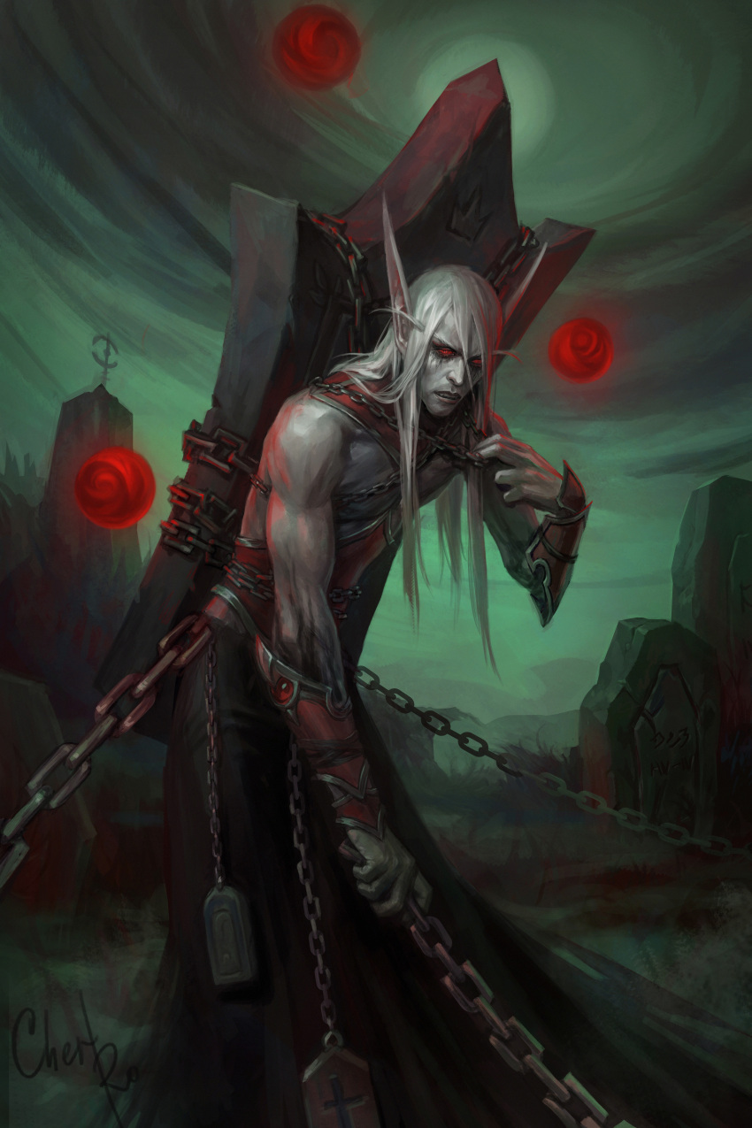 1boy absurdres blood_elf_(warcraft) chain cher-ro elf glowing glowing_eyes highres kael'thas_sunstrider long_hair long_pointy_ears male_focus orb pointy_ears red_eyes tombstone warcraft white_hair world_of_warcraft