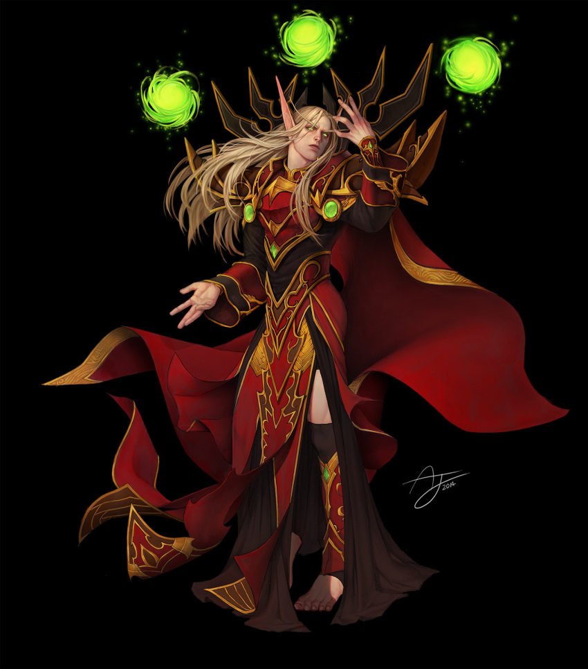 1boy angju armor blonde_hair blood_elf_(warcraft) cape colored_sclera elf full_body glowing glowing_eyes green_eyes green_sclera highres kael'thas_sunstrider long_hair long_pointy_ears mage_(warcraft) pointy_ears robe shoulder_armor warcraft world_of_warcraft