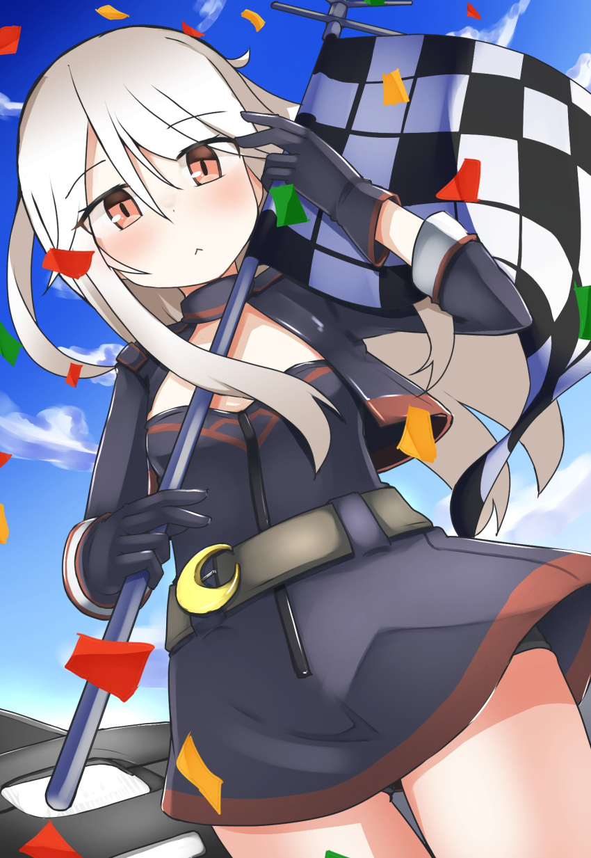 1girl alternate_costume belt black_dress black_gloves black_jacket blue_sky brown_eyes car checkered_flag cloud commentary_request confetti cowboy_shot crescent crescent_pin dress dutch_angle flag flat_chest gloves ground_vehicle highres holding holding_flag jacket kantai_collection kikuzuki_(kancolle) kuuru_geiru motor_vehicle race_queen sky solo strapless strapless_dress white_hair