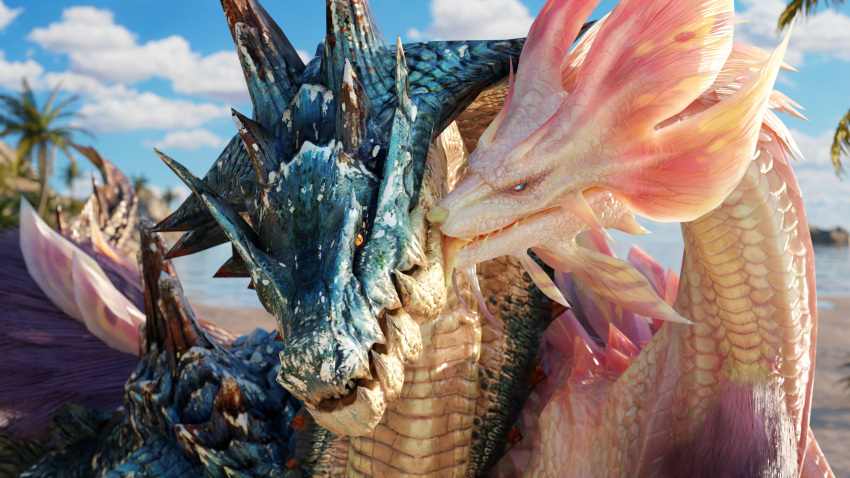 16:9 2022 3d_(artwork) 4k absurd_res ambiguous_gender beach blue_body blue_scales capcom detailed_background digital_media_(artwork) duo female_(lore) feral fluffy fluffy_chest fur hair hi_res horn ivorylagiacrus kissing kissing_cheek lagiacrus leviathan_(mh) licking licking_head looking_at_another looking_at_partner looking_at_viewer male_(lore) mizutsune monster_hunter outside palm_tree pink_body pink_scales plant purple_body purple_fur purple_hair romantic romantic_couple scales scalie seaside teeth tongue tongue_out tree video_games water white_body widescreen