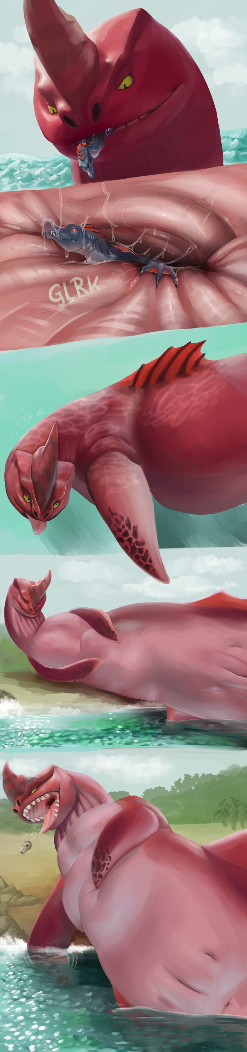 absurd_res anus avezola bodily_fluids bone bulge digestion dinosaur duo female feral genitals hi_res internal island long_image macro minuette netflix pussy red_(the_sea_beast) red_bluster reptile saliva scalie sea sea_monster size_difference skull slit spinosaurid spinosaurus tall_image theropod tongue tongue_out vore water