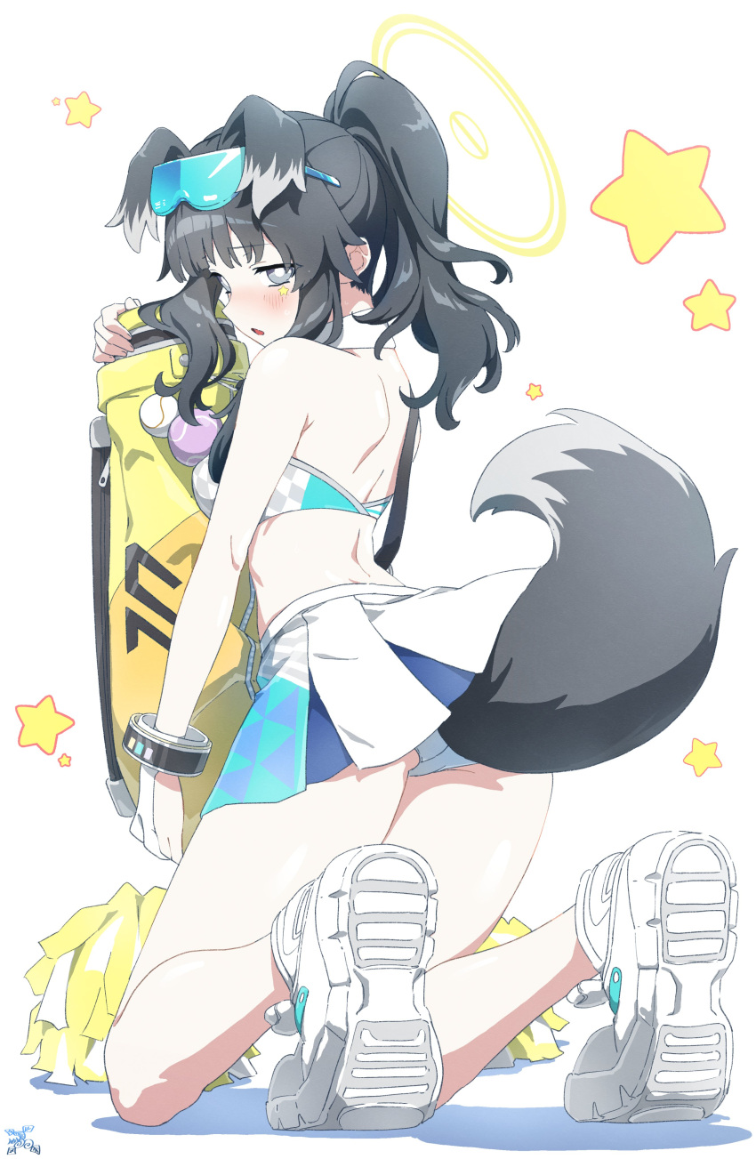 1girl absurdres animal_ears back bag ball bangs bare_arms bare_legs bare_shoulders black_hair blue_archive blush bracelet breasts crop_top dog_ears dog_tail extra_ears full_body goggles goggles_on_head golf_ball halo hibiki_(blue_archive) hibiki_(cheerleader)_(blue_archive) highres holding holding_bag jewelry kneeling long_hair looking_at_viewer makicha_(sasurainopink) miniskirt panties pantyshot parted_lips pom_pom_(cheerleading) ponytail shoes sidelocks skirt solo star_(symbol) tail tail_lift underwear white_background white_footwear white_panties