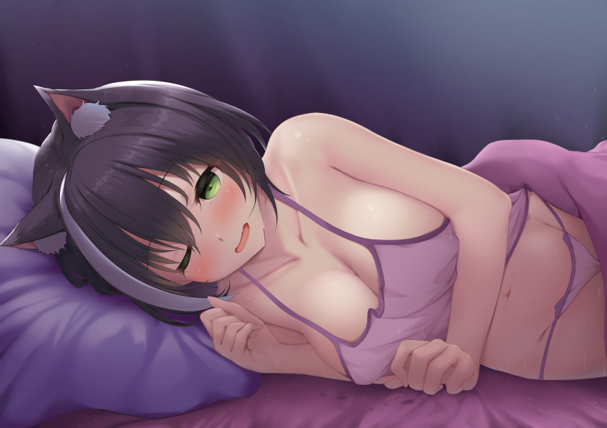 1girl ;d absurdres animal_ear_fluff animal_ears ashfair bare_arms bare_shoulders bed_sheet black_hair blanket breasts camisole cat_ears cleavage green_eyes highres karyl_(princess_connect!) large_breasts looking_at_viewer lying multicolored_hair on_bed on_side one_eye_closed open_mouth panties pillow princess_connect! purple_panties short_hair smile solo streaked_hair two-tone_hair underwear white_hair