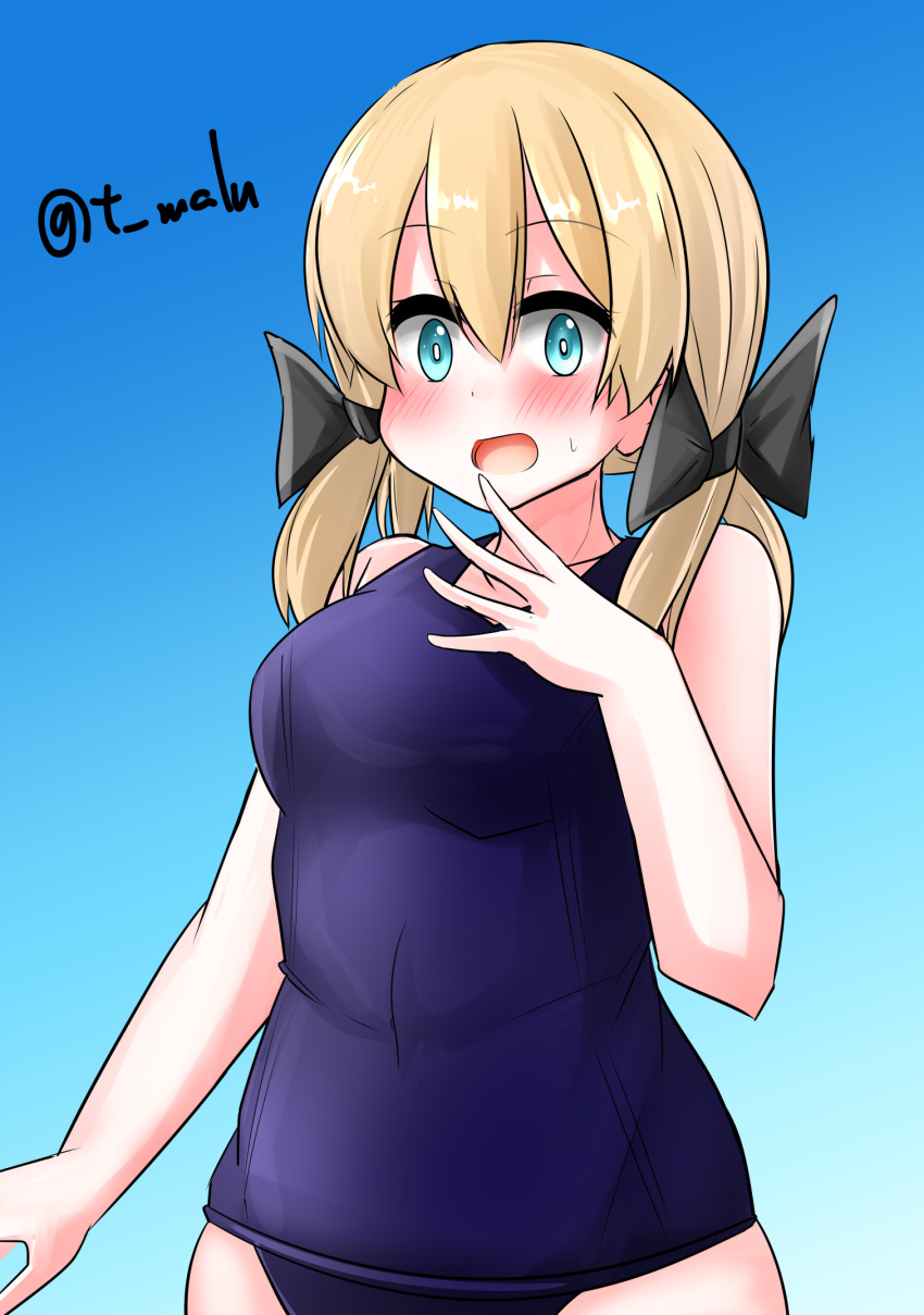 1girl alternate_costume aqua_eyes blonde_hair blue_sky blush breasts collarbone cowboy_shot day embarrassed hair_between_eyes highres kantai_collection long_hair looking_at_viewer low_twintails medium_breasts open_mouth outdoors prinz_eugen_(kancolle) school_swimsuit sky solo swimsuit t_(dyuhuhudyukusi) twintails twitter_username