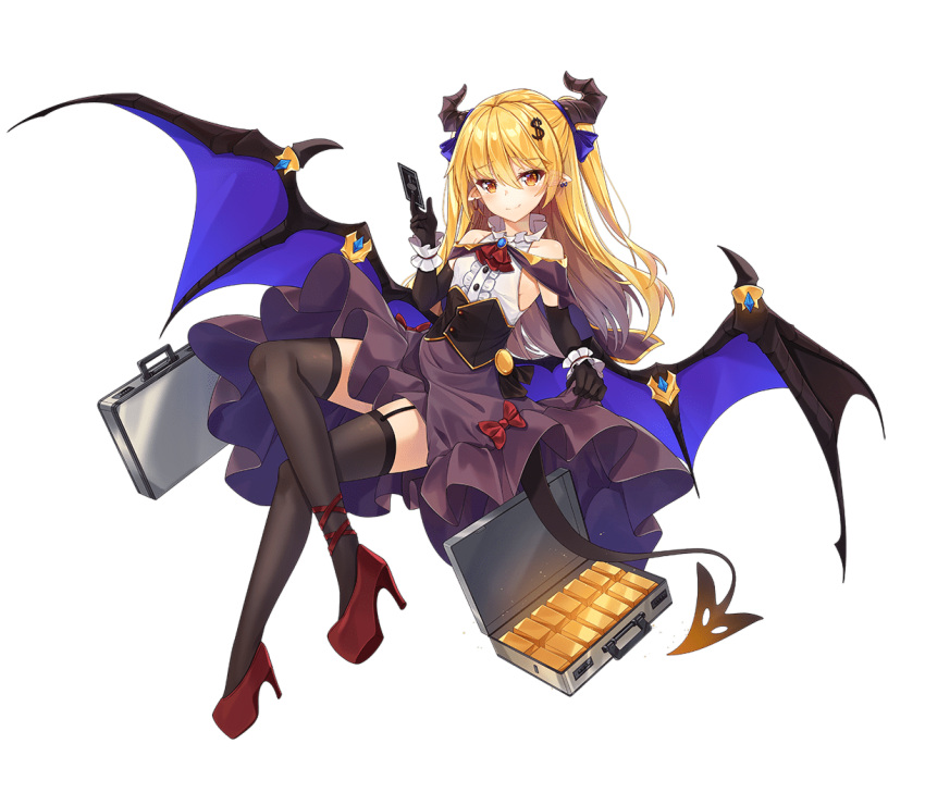 1girl :d ark_order bangs black_corset black_gloves black_thighhighs blonde_hair blue_bow bow briefcase cape card center_frills closed_mouth corset credit_card dango_remi demon_girl demon_horns demon_tail demon_wings dollar_bill dollar_hair_ornament dollar_sign elbow_gloves flat_chest frills full_body garter_straps gloves gold_bar hair_bow hair_ornament high_heels holding holding_card horns lace-trimmed_legwear lace_trim long_hair looking_at_viewer mammon_(ark_order) money official_art pointy_ears purple_cape purple_skirt red_bow red_footwear shirt shoes shoulder_cape skirt sleeveless sleeveless_shirt smile solo suitcase tachi-e tail thighhighs transparent_background very_long_hair white_shirt wings yellow_eyes