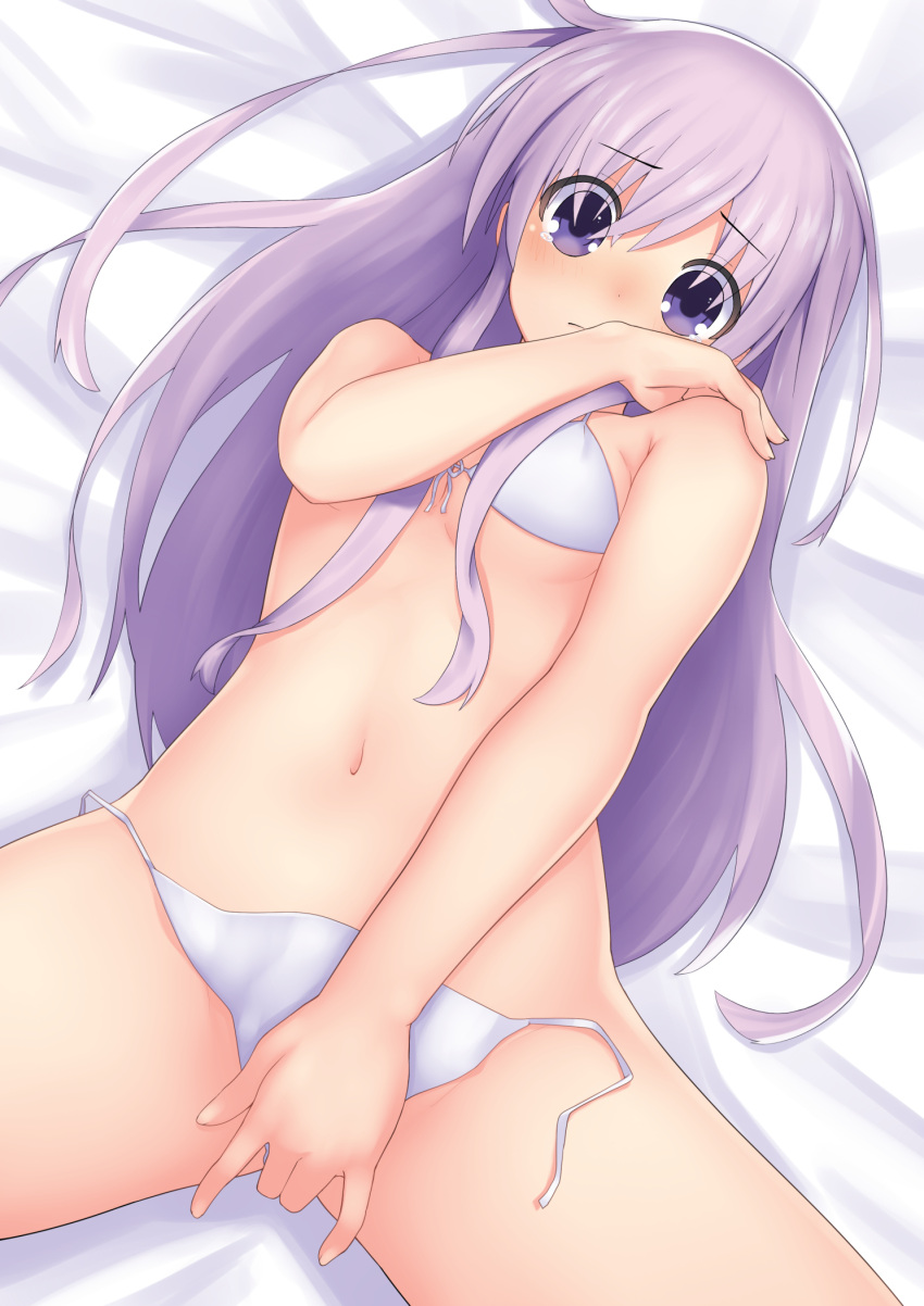 1girl bikini blush breasts covering covering_breasts covering_crotch d-pad d-pad_hair_ornament hair_between_eyes hair_ornament highres katade long_hair lying navel nepgear neptune_(series) on_back paid_reward_available purple_eyes purple_hair small_breasts solo swimsuit very_long_hair