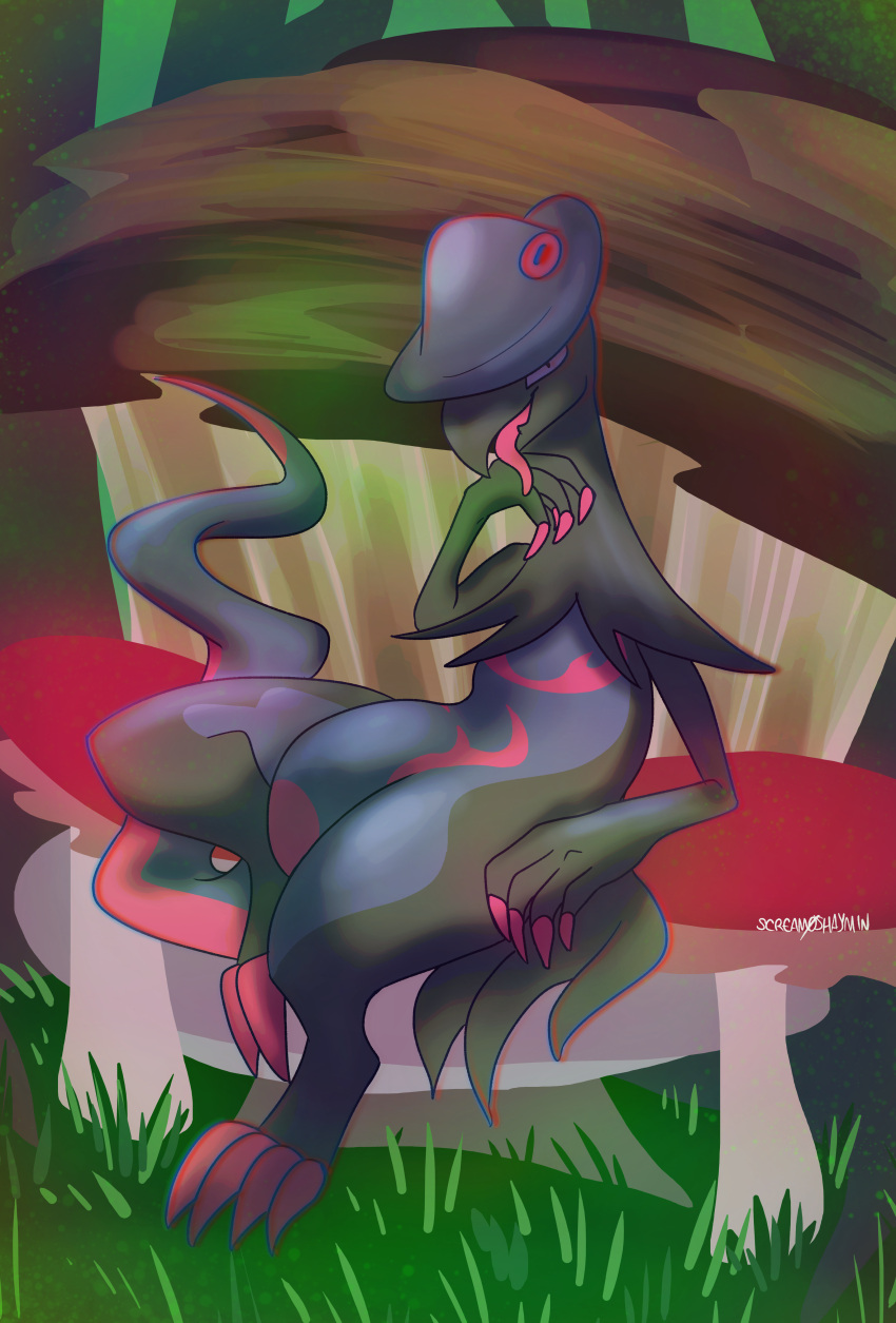 absurd_res breloom chromatic_aberration forest fungus generation_3_pokemon generation_7_pokemon hi_res looking_at_viewer lounging male mushroom nintendo plant pokemon pokemon_(species) salazzle screamoshaymin seat solo tongue tongue_out tree video_games