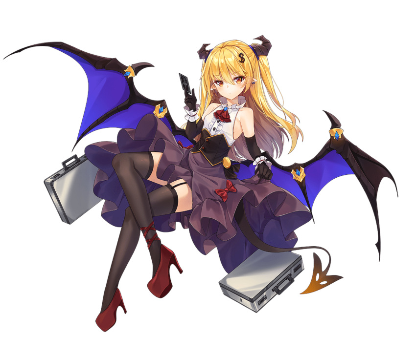 1girl :d ark_order bangs black_corset black_gloves black_thighhighs blonde_hair bow briefcase card center_frills closed_mouth corset credit_card dango_remi demon_girl demon_horns demon_tail demon_wings dollar_bill dollar_hair_ornament dollar_sign elbow_gloves flat_chest frills full_body garter_straps gloves hair_ornament high_heels holding holding_card horns lace-trimmed_legwear lace_trim long_hair looking_at_viewer mammon_(ark_order) money official_art pointy_ears purple_skirt red_bow red_footwear shirt shoes skirt sleeveless sleeveless_shirt smile solo suitcase tachi-e tail thighhighs transparent_background very_long_hair white_shirt wings yellow_eyes