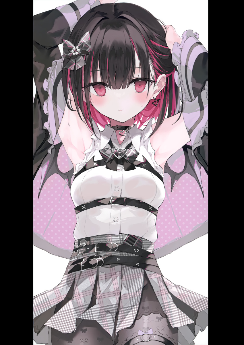 1girl absurdres arm_up armpits bangs bare_shoulders black_hair blush bow bow_print breasts buttons choker closed_mouth detached_sleeves earrings fake_wings frills highres indie_virtual_youtuber jacket jewelry long_sleeves looking_at_viewer mini_wings multicolored_hair nanananana pantyhose pink_eyes pink_hair rikotan_(vtuber) scan shiny shiny_clothes shiny_hair short_hair simple_background single_earring skirt small_breasts solo sweat sweatdrop two-tone_hair virtual_youtuber wings