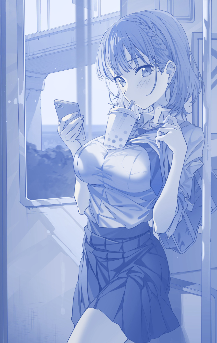 1girl absurdres ai-chan_(tawawa) bangs blue_theme blush bob_cut braid breasts bridge bubble_tea bus bush closed_mouth collared_shirt cowboy_shot day drinking fingernails getsuyoubi_no_tawawa ground_vehicle highres holding holding_phone hxxg indoors jacket large_breasts light_rays looking_at_viewer monochrome motor_vehicle necktie object_on_breast phone pleated_skirt pole school_uniform shirt short_hair single_braid skirt solo standing window