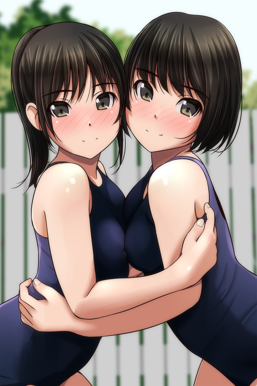 2girls absurdres bangs blue_one-piece_swimsuit blurry blurry_background blush breast_press breasts brown_eyes brown_hair closed_mouth fingernails highres hug looking_at_viewer matsunaga_kouyou medium_breasts multiple_girls one-piece_swimsuit original ponytail short_hair smile swimsuit symmetrical_docking