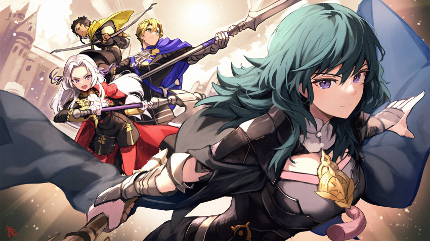 2boys 2girls axe bangs battle_axe black_hair blonde_hair blue_hair bow_(weapon) breasts byleth_(fire_emblem) byleth_(fire_emblem)_(female) cape castle claude_von_riegan closed_mouth crest dimitri_alexandre_blaiddyd edelgard_von_hresvelg fire_emblem fire_emblem:_three_houses hair_between_eyes highres holding holding_polearm holding_weapon long_hair looking_at_viewer multiple_boys multiple_girls nakabayashi_zun necktie open_mouth polearm smile sword weapon white_hair