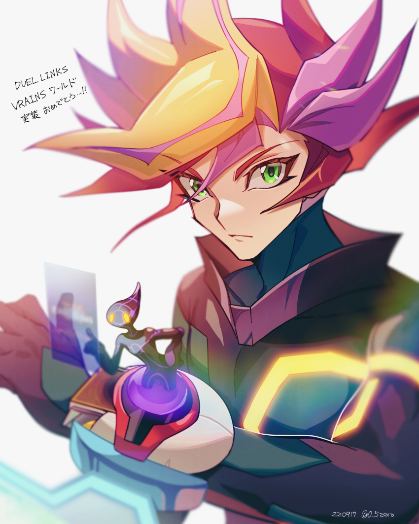 1boy absurdres ai_(yu-gi-oh!) blonde_hair blurry bodysuit card closed_mouth commentary_request copyright_name dated deck_of_cards depth_of_field duel_disk fujiki_yuusaku green_eyes hand_on_hip highres index_finger_raised looking_at_viewer male_focus multicolored_hair playmaker purple_hair red_hair serious simple_background spiked_hair translation_request turtleneck twitter_username upper_body white_background yu-gi-oh! yu-gi-oh!_vrains zero-go