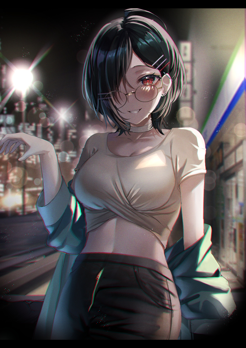 1girl absurdres bangs black_hair blue_jacket breasts choker chromatic_aberration city crop_top ear_piercing fou_(ssqseeker) glasses grin hair_ornament hair_over_one_eye hairclip highres jacket large_breasts long_sleeves looking_at_viewer medium_hair midriff night off_shoulder open_clothes open_jacket original outdoors piercing red_eyes round_eyewear short_sleeves smile solo white_choker