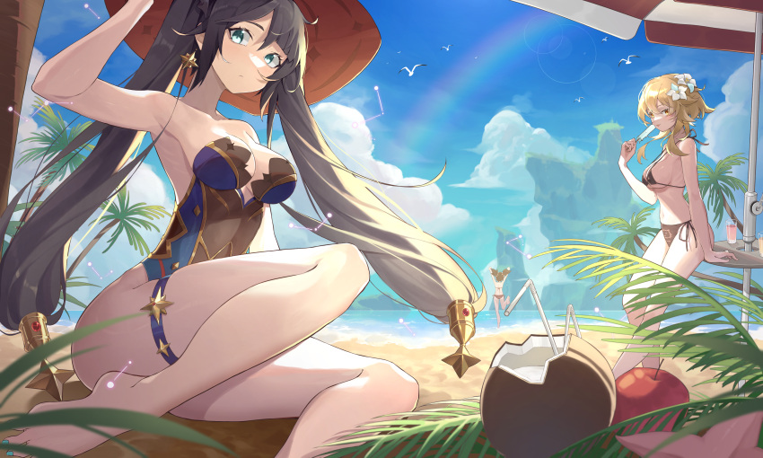 3girls absurdres apple arm_up bare_shoulders barefoot beach beach_umbrella bikini bird black_bikini black_hair blonde_hair breasts cleavage closed_mouth cloud cup day flower food fruit genshin_impact green_eyes hair_flower hair_ornament hat highres lens_flare leotard ling_yu_(15974115107) looking_at_viewer lumine_(genshin_impact) medium_breasts medium_hair micro_bikini mona_(genshin_impact) multiple_girls outdoors palm_tree popsicle rainbow rock running sand sitting solo_focus standing swimsuit table thigh_strap tongue tongue_out tree twintails umbrella water xinyan_(genshin_impact) yellow_eyes