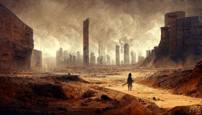 ambiguous_gender anthro atmospheric bleak_ambiance building canid canine canis cliffs clothing cloud cowl desert destroyed_building digitigrade fog hi_res josiedink landscape mammal pickaxe robe sand siara smoke solo wasteland wolf