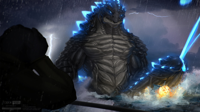 anthro big_penis bodily_fluids cum destruction ejaculation erection genital_fluids genitals glowing glowing_cum godzilla godzilla_(series) hi_res huge_penis macro male muscular muscular_anthro muscular_male penis solo todex toho unusual_bodily_fluids unusual_cum unusual_genital_fluids