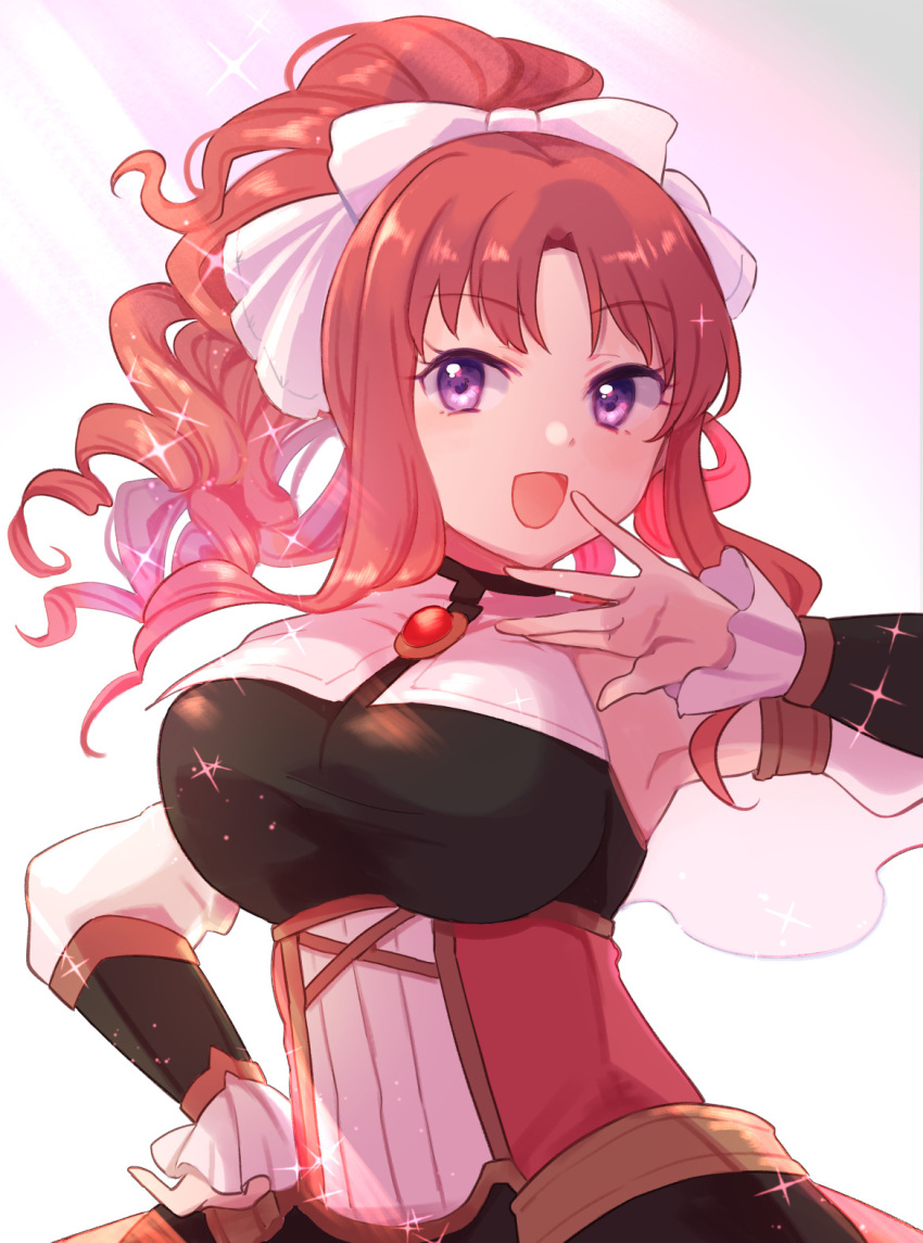 1girl :d akino_(princess_connect!) bangs bare_shoulders black_shirt bow breasts detached_sleeves gucchiann hair_bow hand_on_hip hand_up high_ponytail highres large_breasts long_hair long_sleeves parted_bangs ponytail princess_connect! puffy_long_sleeves puffy_sleeves purple_eyes red_hair shirt sleeveless sleeveless_shirt sleeves_past_wrists smile solo white_bow white_sleeves