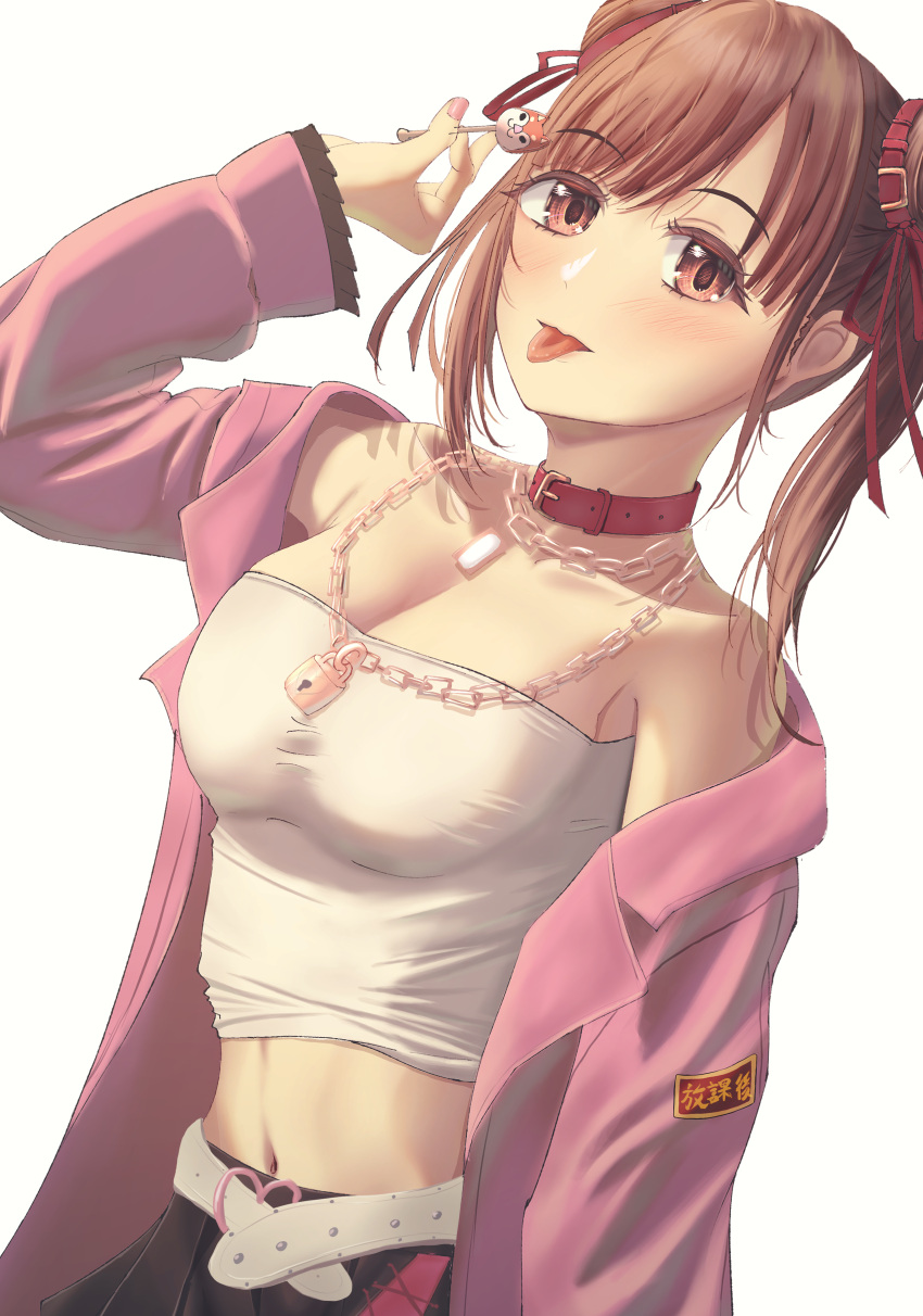 1girl absurdres belt breasts brown_eyes brown_hair cleavage double_bun hair_bun highres idolmaster idolmaster_shiny_colors jewelry long_sleeves looking_at_viewer medium_breasts misanga_(hxjd5354) navel necklace solo sonoda_chiyoko tongue tongue_out upper_body