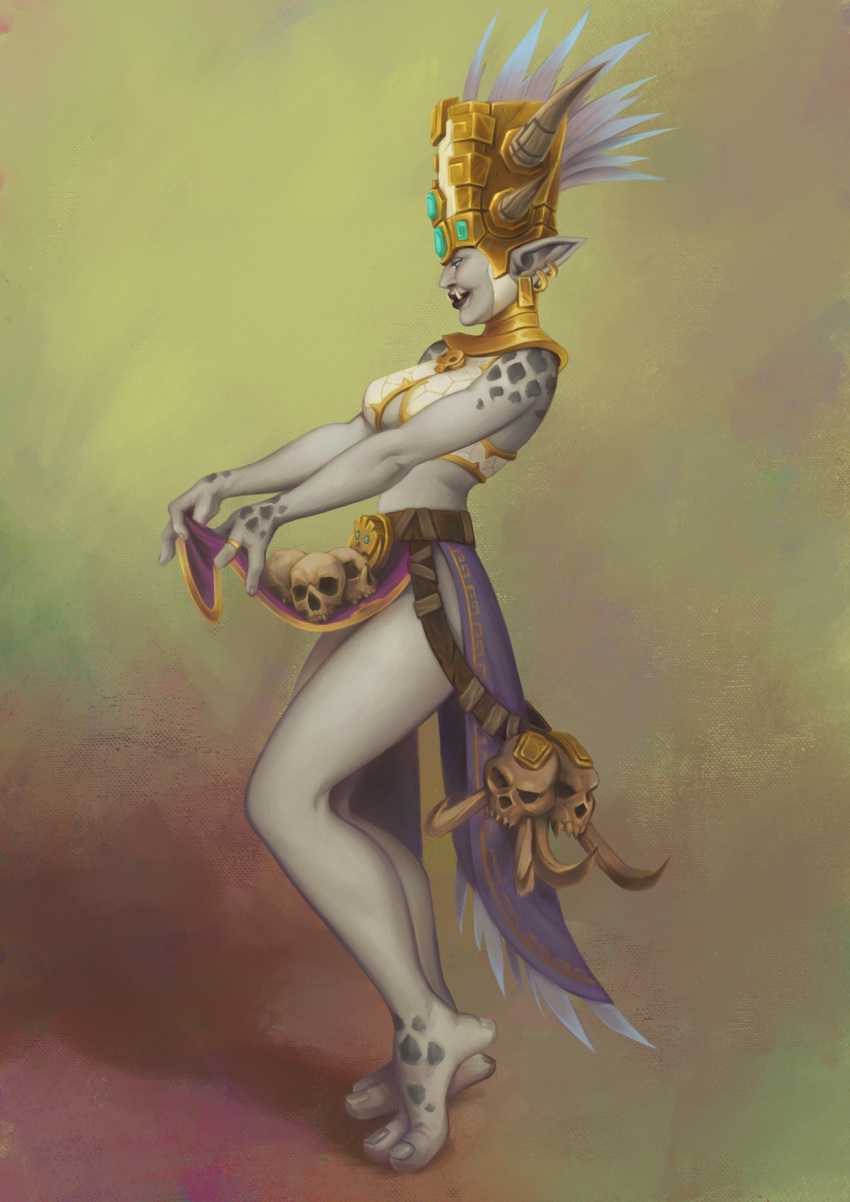 1girl bikini colored_skin feathers glowing glowing_eyes gold_trim grey_skin highres jewelry monster_girl pointy_ears princess_talanji skull swimsuit thane_corst tribal troll tusks warcraft white_bikini world_of_warcraft zandalari_(warcraft)