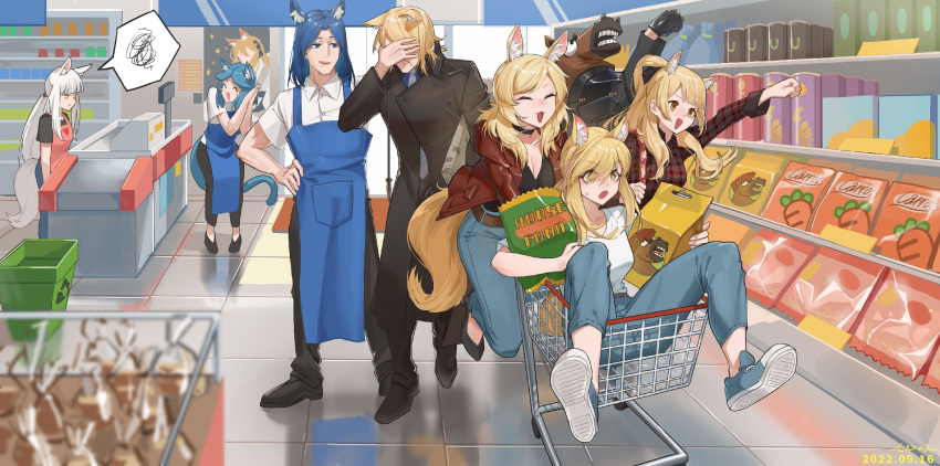 1other 2boys 5girls ^_^ alternate_costume animal_ears apron arknights arrow_(symbol) aunt_and_niece belt black_choker black_jacket blemishine_(arknights) blonde_hair blue_apron blue_hair blue_pants brown_belt casual choker closed_eyes collared_shirt doctor_(arknights) extra_ears facepalm highres horse_boy horse_ears horse_girl horse_mask horse_tail in_shopping_cart indoors jacket liangwoyao mask mlynar_(arknights) monique_(arknights) multiple_boys multiple_girls nearl_(arknights) nearl_the_radiant_knight_(arknights) pants platinum_(arknights) ponytail recycle_bin recycling_symbol red_jacket roy_(arknights) shirt shop shopping_cart short_hair siblings sisters spoken_squiggle squiggle tail uncle_and_niece whislash_(arknights) white_hair white_shirt yellow_eyes
