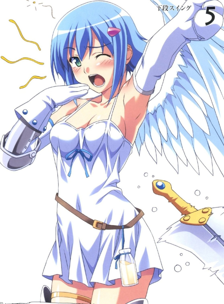 angel angel_wings armpits arms_up artbook asymmetrical_wings bare_shoulders blue_hair blush boots breasts elbow_gloves gloves green_eyes highres kuuchuu_yousai medium_breasts miniskirt nanael panties queen's_blade scan short_hair skirt solo sword tears thighhighs underwear weapon wings yawning