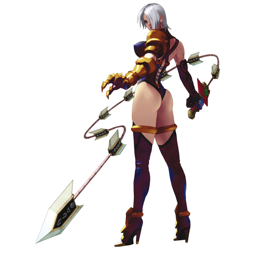 ass bare_hips boots breasts covered_nipples full_body high_heels highres isabella_valentine kawano_takuji official_art shoes short_hair simple_background solo soulcalibur soulcalibur_ii standing sword thigh_boots thighhighs weapon whip whip_sword white_hair