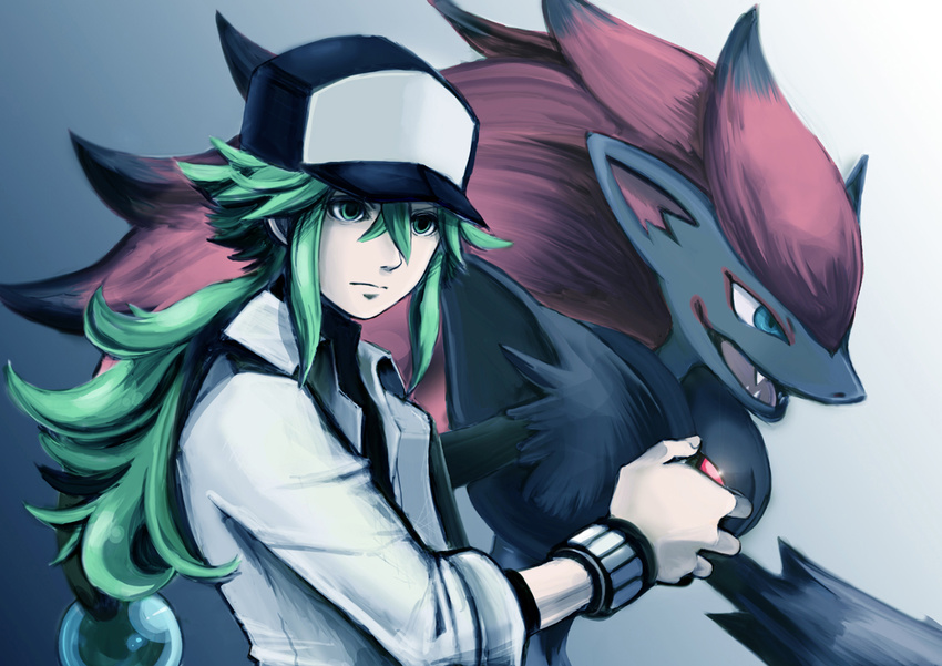 bad_id bad_pixiv_id blue_eyes gen_5_pokemon green_eyes green_hair hat long_hair male_focus moggy-cat n_(pokemon) poke_ball pokemon pokemon_(creature) pokemon_(game) pokemon_bw simple_background zoroark