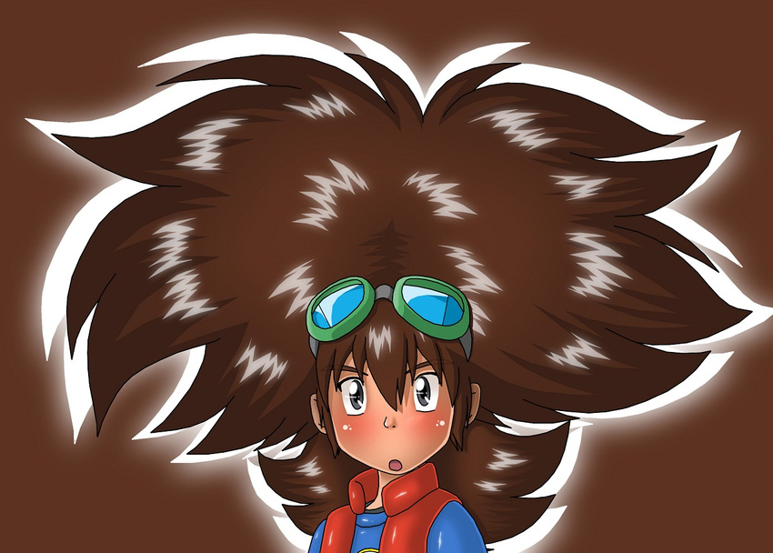 alternate_hairstyle big_hair blush boy brown_hair digimon digimon_xros_wars goggles kuudou_taiki long_hair