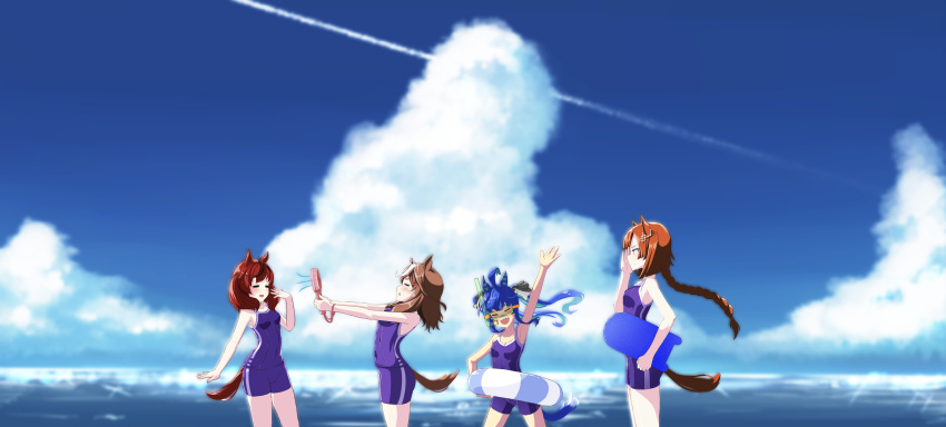 4girls absurdres adjusting_eyewear ahoge animal_ears aqua_hair bangs blue_hair blue_one-piece_swimsuit blue_sky blunt_ends blurry blurry_background braid braided_ponytail brown_hair chenofil closed_eyes cloud cloudy_sky commentary competition_school_swimsuit contrail day depth_of_field diving_mask ear_ornament from_side glasses goggles hair_ornament hair_tie hairclip handheld_fan highres holding holding_innertube horizon horse_ears horse_girl horse_tail ikuno_dictus_(umamusume) innertube kickboard long_hair looking_at_another looking_back matikane_tannhauser_(umamusume) medium_hair multicolored_hair multiple_girls nice_nature_(umamusume) one-piece_swimsuit open_mouth outdoors school_swimsuit sharp_teeth single_braid single_vertical_stripe sky smile snorkel standing streaked_hair swimsuit tail tail_through_clothes teeth tracen_swimsuit twin_turbo_(umamusume) twintails umamusume waving