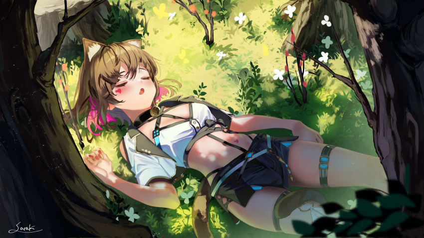 1girl animal_ear_fluff animal_ears bangs blue_shorts breasts brown_hair cat_ears cat_girl cat_tail closed_eyes colored_inner_hair crop_top cropped_jacket day flower grass highres jacket lying midriff multicolored_hair nail_polish on_back open_clothes open_jacket open_mouth original outdoors pink_hair red_nails saraki shirt short_hair shorts sleeping solo tail tree white_flower white_jacket white_shirt