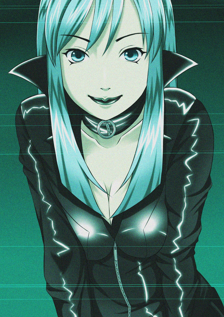 1girl annyuiusagi bangs black_bodysuit black_choker black_lips blue_eyes blue_hair bodysuit breasts choker cleavage devil_summoner highres light_blue_hair light_green_hair long_hair nemissa screen sidelocks soul_hackers swept_bangs television unzipped