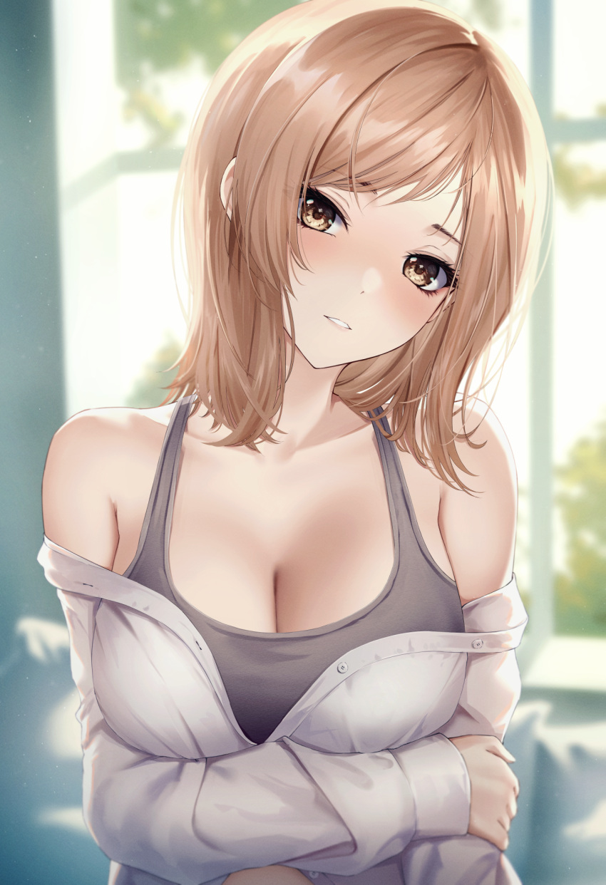 1girl bare_shoulders black_sports_bra breast_hold breasts brown_eyes brown_hair cleavage collarbone dress_shirt head_tilt highres idolmaster idolmaster_shiny_colors large_breasts long_hair long_sleeves looking_at_viewer marinesnow non-web_source off_shoulder parted_lips sakuragi_mano shirt solo sports_bra upper_body white_shirt