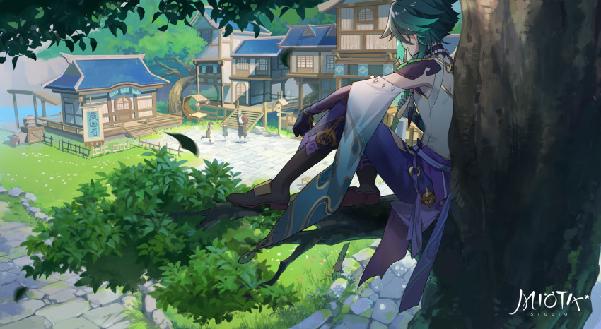 1girl 3boys aqua_hair architecture artist_logo bead_necklace beads chinese_commentary commentary_request darkcatowo detached_sleeves east_asian_architecture genshin_impact gradient_hair highres holding holding_polearm holding_weapon in_tree jewelry long_sleeves multicolored_hair multiple_boys necklace old old_man playing polearm primordial_jade_winged-spear_(genshin_impact) sidelocks sitting sitting_in_tree spiked_armor tree watching weapon wide_sleeves xiao_(genshin_impact)
