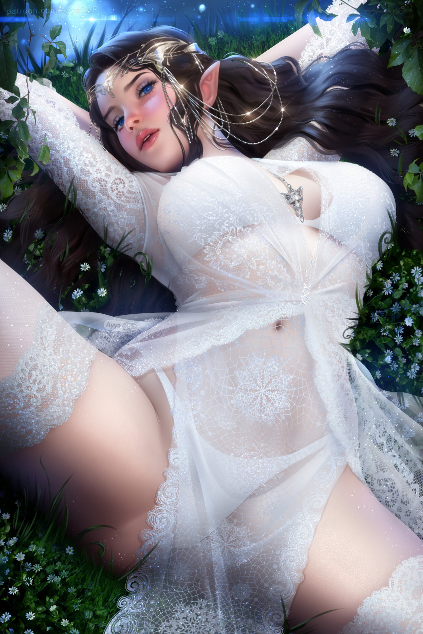 1girl absurdres arwen ayya_sap blue_eyes blush brown_hair dress elf highres jewelry lingerie long_hair lying moonlight narrow_waist necklace night non-web_source outdoors pale_skin pointy_ears see-through solo spread_legs the_lord_of_the_rings thighhighs tolkien's_legendarium underwear white_dress wide_hips