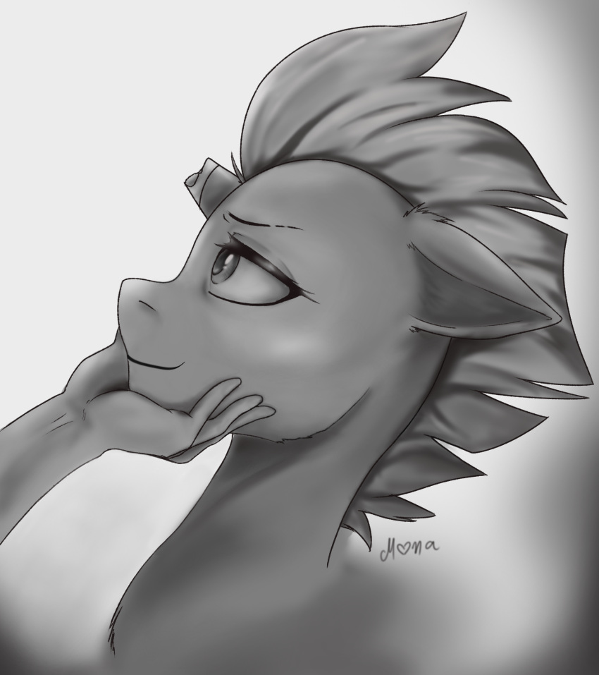 broken_horn ears_down edit equid equine female feral friendship_is_magic greyscale hasbro hi_res holding_chin horn horse human mammal mohawk monanniverse monochrome my_little_pony my_little_pony:_the_movie_(2017) pivoted_ears pony signature simple_background smile solo story story_in_description tempest_shadow_(mlp) touching_face unicorn