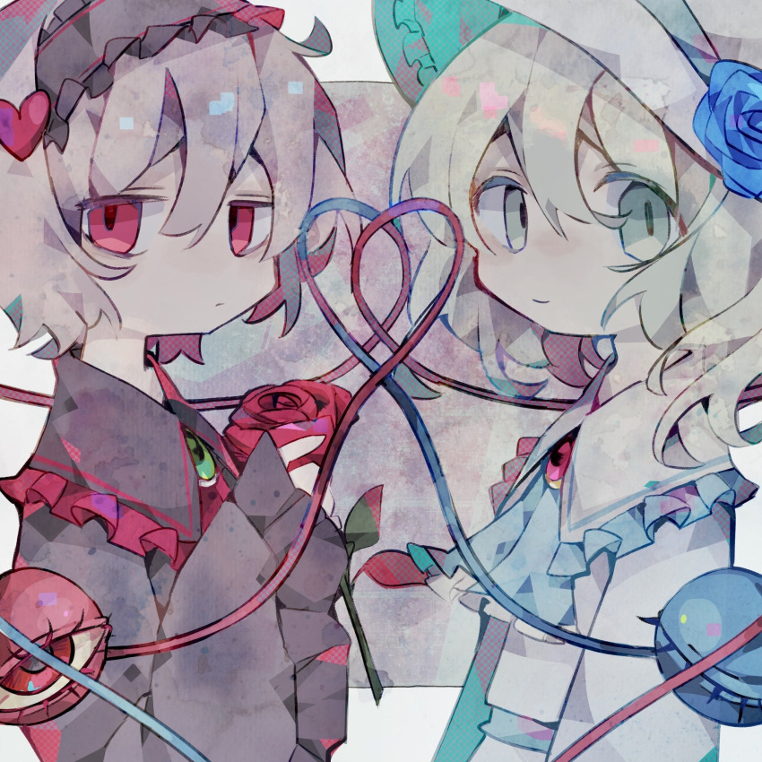 2girls :/ alternate_color blouse blue_flower blue_rose brooch closed_mouth flower frilled_hairband frilled_shirt_collar frilled_sleeves frills green_eyes green_hair hair_between_eyes hair_ornament hairband hat hat_flower heart heart_hair_ornament heart_of_string heart_of_string_duo highres holding holding_flower jewelry komeiji_koishi komeiji_satori long_sleeves looking_at_viewer medium_hair multiple_girls pink_hair purple_hairband purple_shirt red_eyes red_flower red_rose rose shirt short_hair siblings sisters smile soresaki third_eye touhou white_headwear white_shirt wide_sleeves