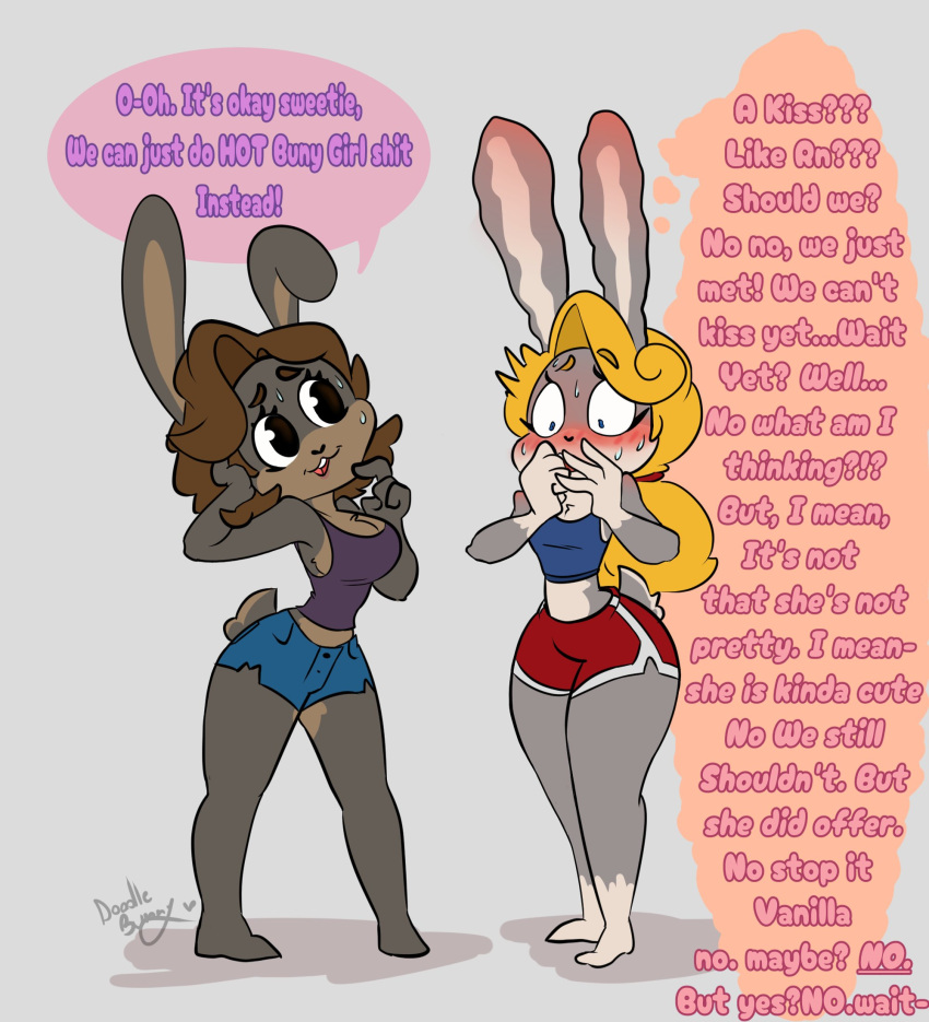 &lt;3 accessory anthro barefoot big_breasts big_butt big_ears black_eyes blonde_hair blue_clothing blue_eyes blush blushing_profusely bodily_fluids bold_text bottomwear breasts brown_body brown_fur brown_hair butt chest_tuft clothing coffekitten comic covering covering_mouth crop_top curled_hair dark_grey_body dark_grey_fur dialogue dialogue_outside_panel doodlebunnyart duo ear_blush ears_down eyebrow_through_hair eyebrows eyelashes feet female fur gag grey_body grey_fur gym_bottomwear gym_clothing gym_shorts hair hair_accessory hair_over_eye hair_tie hair_tied hand_on_face heart_nose hi_res hunie(doodlebunnyart) lagomorph leaning leg_markings leporid lipstick makeup mammal markings multicolored_body multicolored_fur nervous one_eye_obstructed pattern_clothing pivoted_ears ponytail purple_clothing question question_mark rabbit red_clothing scut_tail shirt short_tail shorts simple_background small_breasts socks_(marking) speech_bubble standing striped_clothing stripes sweat sweatdrop teeth text thick_thighs thought_bubble topwear translucent translucent_hair tuft two_tone_body two_tone_fur vanilla_(coffekitten) white_background