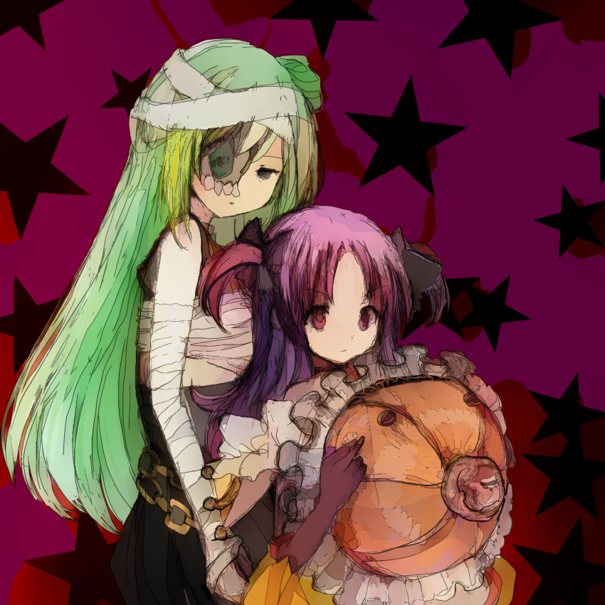 2girls 86thunder absurdres alina_gray alina_gray_(halloween_ver.) bandaged_arm bandages bangs blunt_ends blush bubble_skirt chain choker frills green_hair hair_between_eyes hair_ornament halloween halloween_costume hat highres long_hair magia_record:_mahou_shoujo_madoka_magica_gaiden magical_girl mahou_shoujo_madoka_magica mask_over_one_eye medium_hair misono_karin misono_karin_(halloween_ver.) multicolored_clothes multicolored_hair multiple_girls parted_bangs pumpkin purple_eyes purple_hair ribbon sarashi sidelocks skirt star_(symbol) straight_hair streaked_hair two_side_up very_long_hair