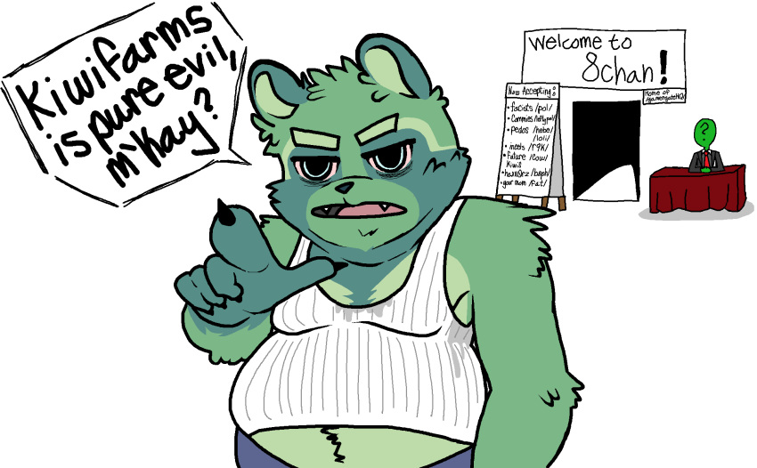 2021 anon anthro bodily_fluids born_in_summer bottomwear claws clothing desk doorway duo english_text fred_(fredrick_brennan) fur furniture gesture green_body green_fur hi_res humanoid looking_at_viewer male mammal necktie open_mouth pants pointing pointing_at_viewer procyonid raccoon red_necktie shirt sign suit sweat table teeth text tongue topwear undershirt