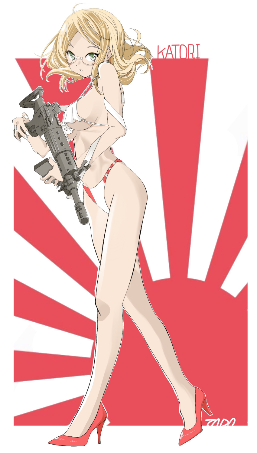 1girl absurdres alternate_costume artist_name bikini blonde_hair breasts character_name from_side full_body green_eyes gun high_heels highres holding holding_gun holding_magazine_(weapon) holding_weapon japanese_flag kantai_collection katori_(kancolle) large_breasts looking_at_viewer red_footwear rising_sun sideboob simple_background solo sunburst swimsuit tada underboob weapon white_background white_bikini