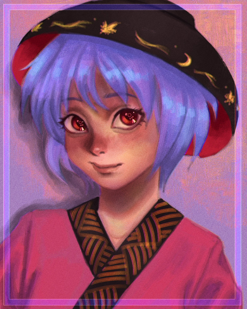 1girl bangs blush bowl bowl_hat hat highres japanese_clothes kimono looking_at_viewer needle nose portrait purple_hair red_eyes robe short_hair smile solo sukuna_shinmyoumaru touhou xiowon