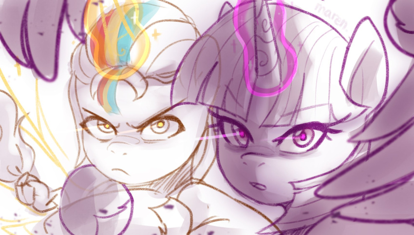 duo equid equine eyelashes female feral friendship_is_magic glowing glowing_horn hasbro hi_res highlights_(coloring) hooves horn jojo's_bizarre_adventure looking_at_viewer magic mammal marenlicious mlp_g5 monochrome my_little_pony open_mouth parody sunny_starscout_(mlp) twilight_sparkle_(mlp) winged_unicorn wings