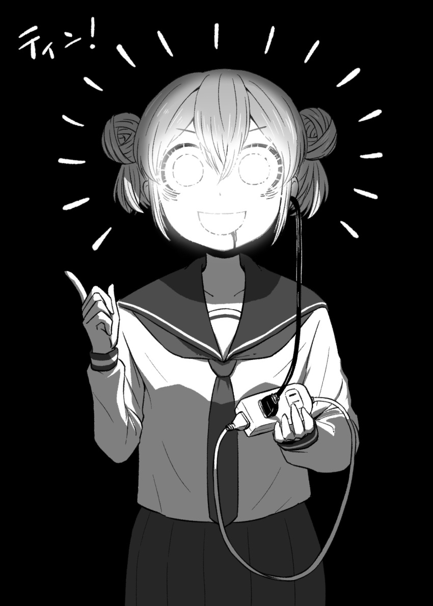 1girl 4shi :d bags_under_eyes black_background cable commentary_request cowboy_shot dango-chan_(4shi) double_bun drooling electric_plug electric_socket glowing glowing_eyes glowing_mouth greyscale hair_bun hands_up highres holding hollow_eyes index_finger_raised long_sleeves looking_at_viewer monochrome neckerchief open_mouth original pleated_skirt power_strip sailor_collar school_uniform serafuku short_hair simple_background skirt smile solo straight-on translation_request