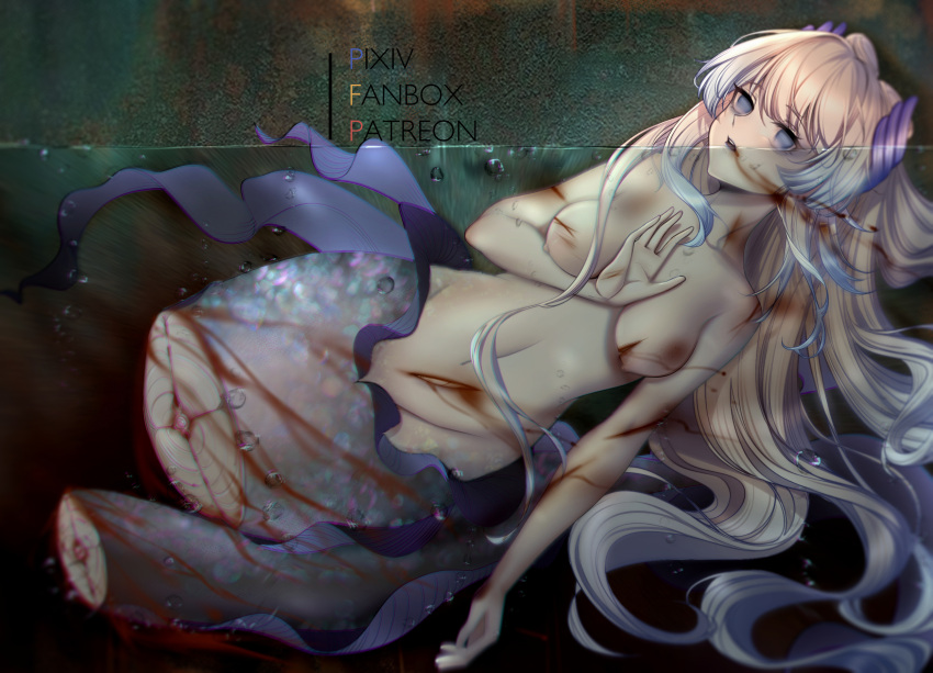 amputee big_breasts blonde_hair blood blood_in_mouth blue_eyes bodily_fluids breasts cut_in_half detailed_background disability empty_eyes female fin genshin_impact gore hair hi_res humanoid imminent_death long_hair marine merfolk mermaid_tail mihoyo navel nipples open_mouth partially_submerged sangonomiya_kokomi_(genshin_impact) solo split_form tail_fin unknown_artist video_games water wounded